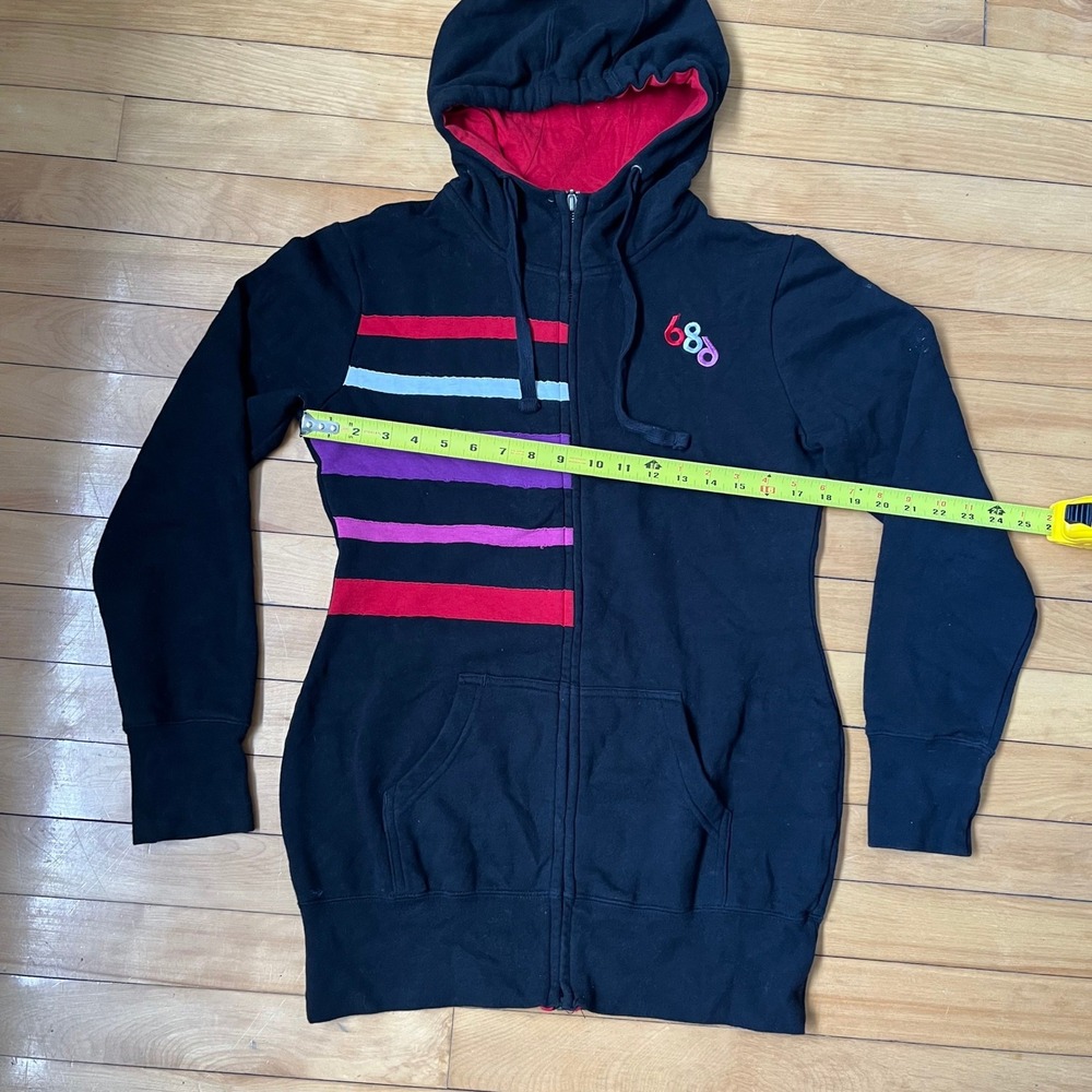 686 Womens Full Zip Hoodie Black Striped Longline Sweatshirt Thumbholes Small - Picture 5 of 8